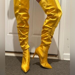 Sexy Yellow Satin Over-the-Knee Stiletto Boots - Women 6.5